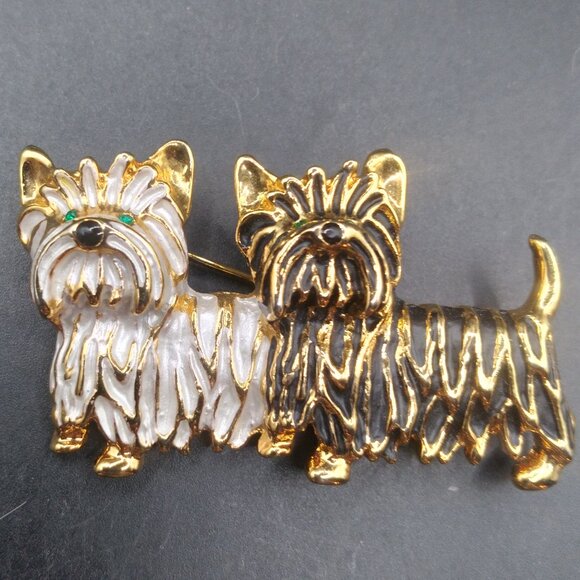 Black & White Enamel Scottish Terrier Dogs Brooch - Picture 1 of 3